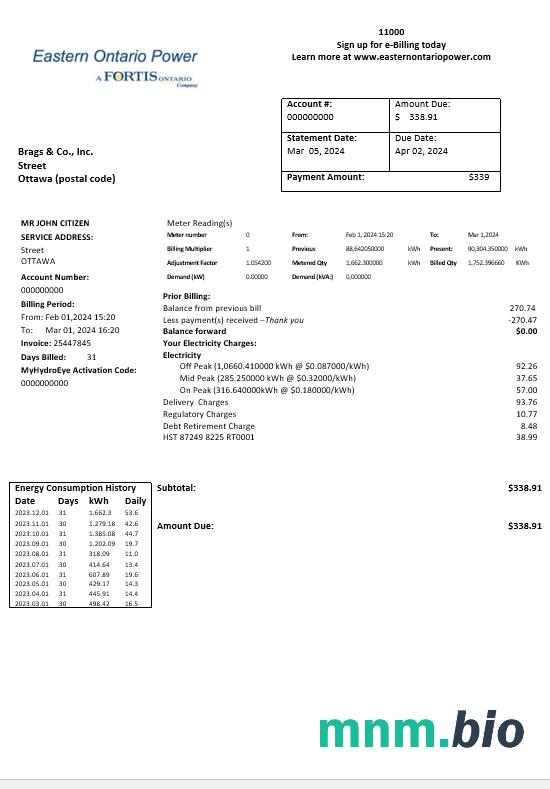 Canada Eastern Ontario Power rachunek za usługi komunalne szablon w formacie Word i pdf